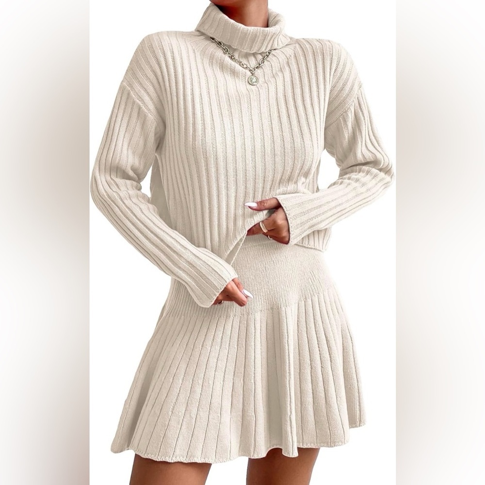 Oatmeal Ribbed Knit Sweater & Skirt Set Turtleneck Top Mini Skirt Cozy small - Picture 2 of 9